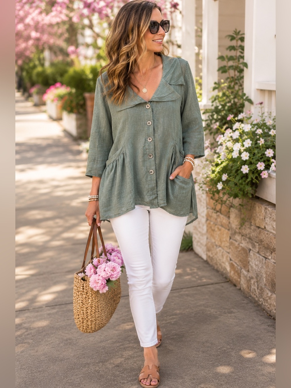 Dorman USA Sage Green 100% Cotton Lagenlook Tunic Size S Oversized Pockets